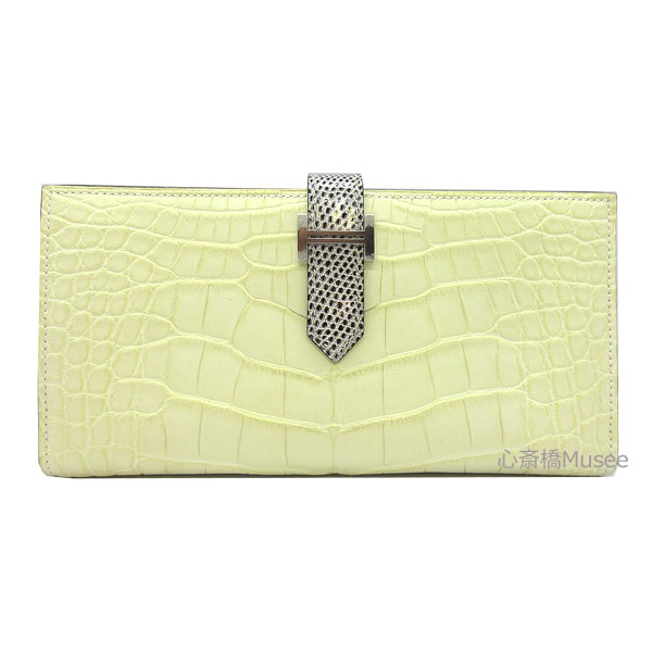 ≪Brand new≫ HERMES Bearn Vanilla Ombret Silver Backle Alligator Mat Lizard Box Ribbon Wrapping Long Wallet ≪新品≫ HERMES　エルメス　ベアンスフレ アリゲーター マット ヴァニラ オンブレ シルバー金具 アリゲーターマット リザード 箱 リボン ラッピング