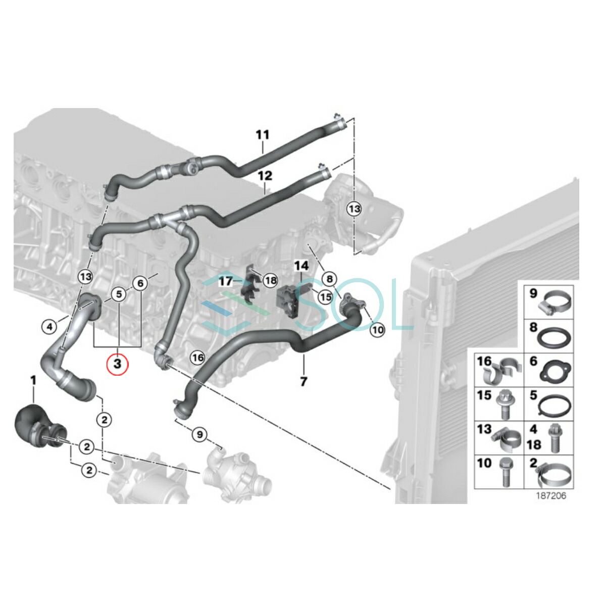 市場 BMW リペア用 E90 ウォーターホース E87 ウォーターポンプ〜シリンダーヘッド E92 E91