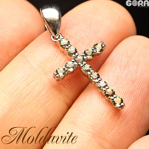 【鑑別済】モルダバイト　クロス　ペンダント　　シルバー925　パワーストーン　天然石　【soraJ】　jewelry