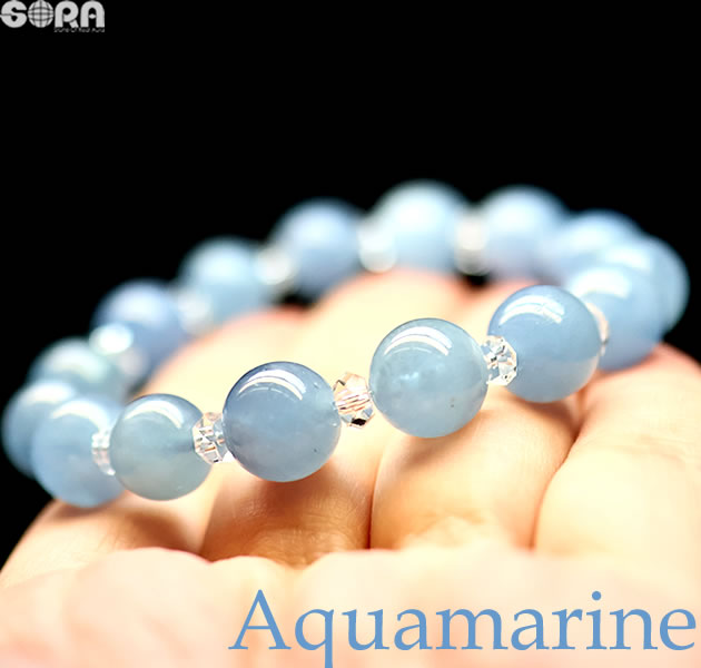 4A アクアマリン 9.5mm 水晶 ボタン ブレスレット パワーストーン 天然石