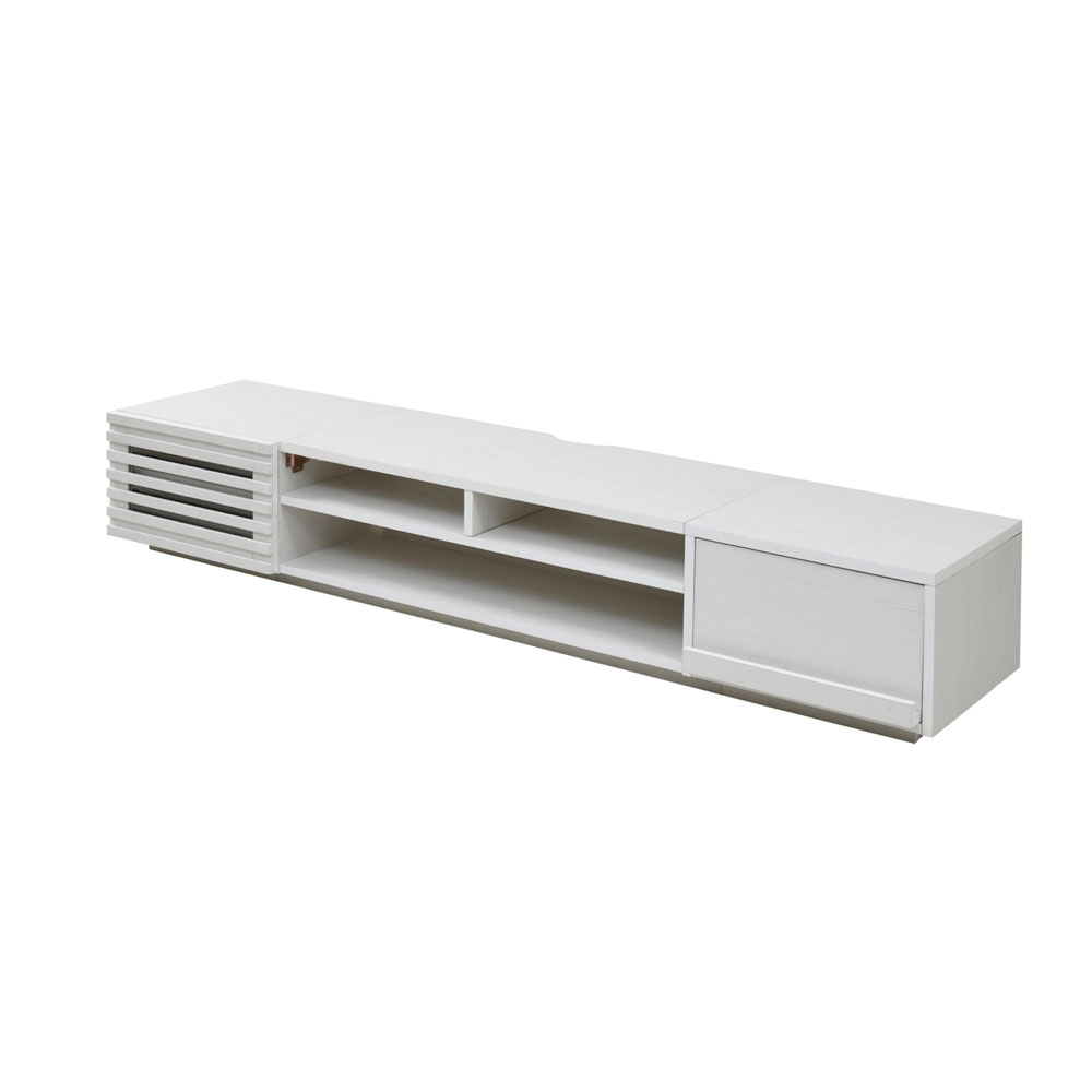 《50インチTV対応、配線隠し収納機能付》JKプラン ロータイプテレビボードW1800×H320×D425(引き出し+フラップ扉)FTV-LOWSET-DFWH