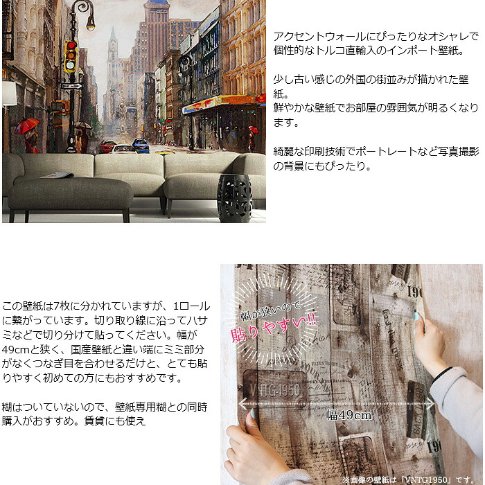 壁紙 トルコ製 インポート壁紙 Wallpera 29 001 5th Street 343x265 輸入壁紙 デザイン おしゃれ 不織布 壁紙 クロス のりなし Diy リフォーム 撮影 店舗 装飾 インテリア 内装 カルトナージュ インダストリアル ヴィンテージ だまし絵 街並み 風景 友安製作所