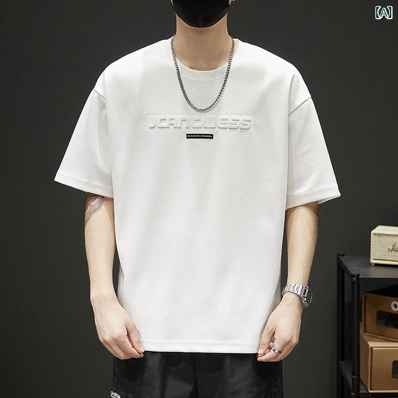 ストリート スタイル Tシャツ 半袖 Tシャツ メンズ 夏 2025 立体 スチール プリント ボーイズ ラウンドネック 長袖 トップス