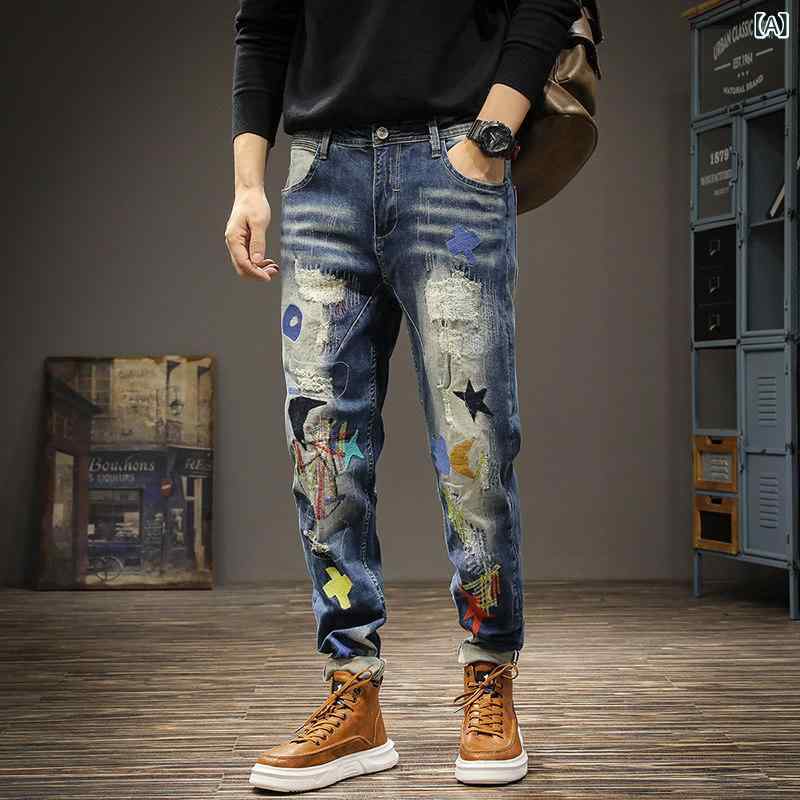 刺しゅう メンズ レディース  春のな今めかしいな刺しゅう入り口・入口スキニーデニムパンツメンズスリムフィットで伸ばすこと性がありヒップホップパッチ刺しゅうが施されています。
