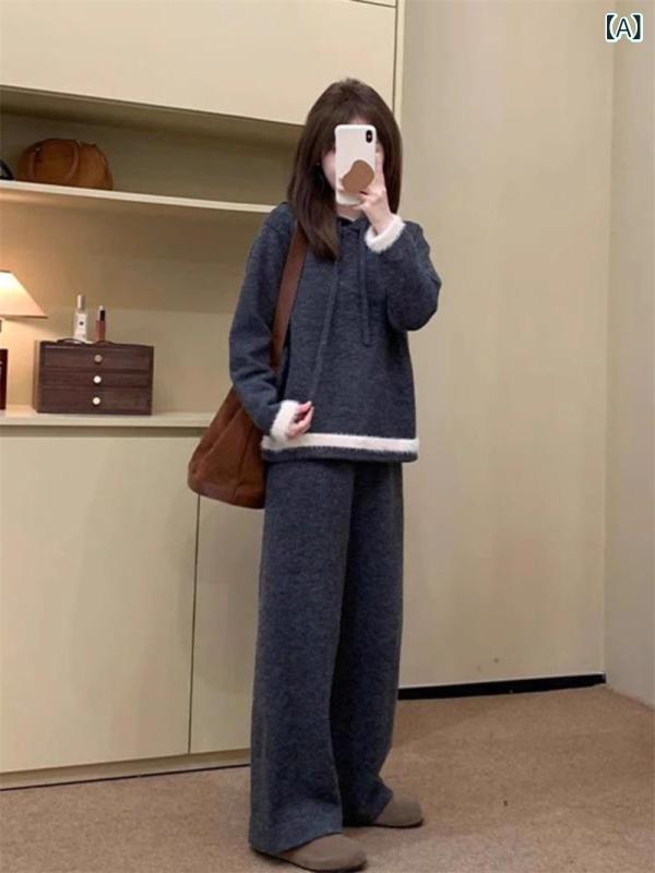 レディース 秋冬 フード付き ニット セーター ワイドレッグパンツ セット ゆったり フィット カジュアル スタイル 暖か 柔らかい 素材 日常使い スタイリッシュ シルエット