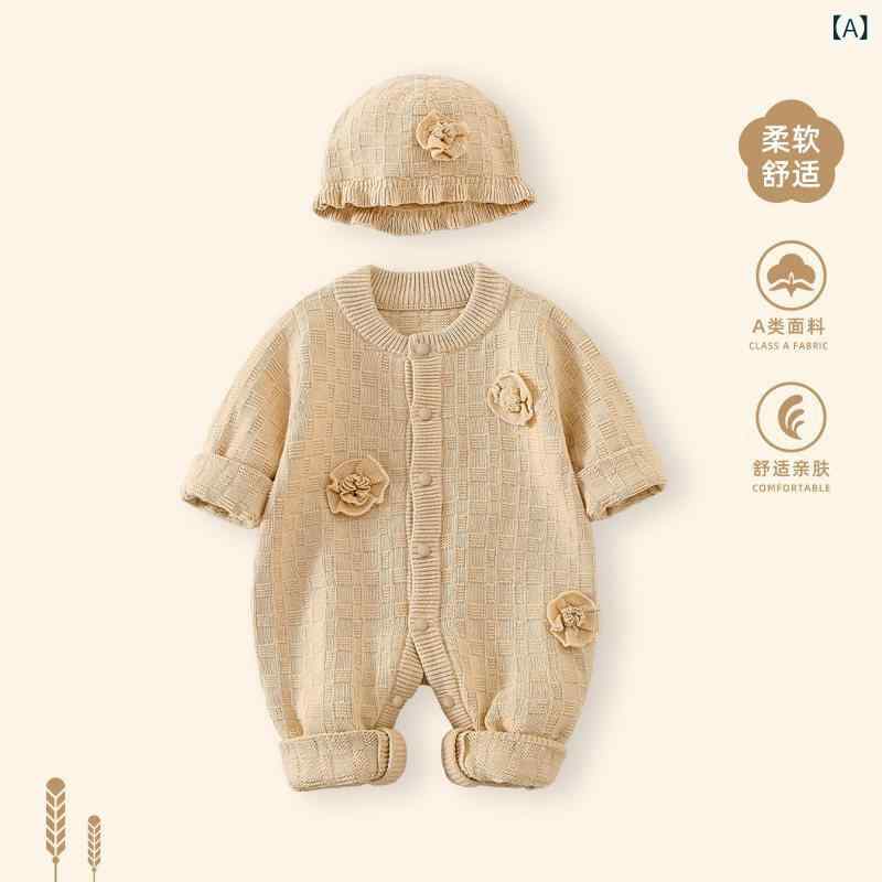 ベビー ニット 帽子 セーター ベビー 服 秋冬 ジャンプスーツ 新生児 女の子 セーター スーツ 幼児 秋服 かわいい プリンセス ハイハイ