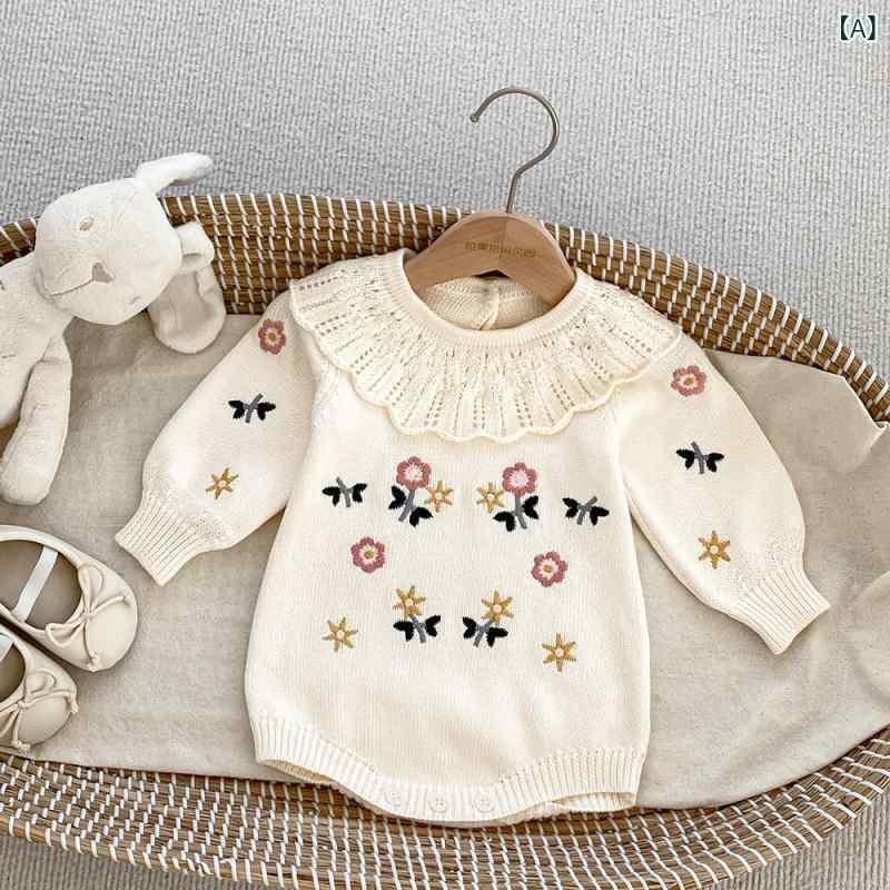 ベビー ニット 帽子 セーター 女の子 秋服 プリンセス ボディスーツ 刺繍入り ニット コットンセーター 100日 誕生日 ドレス ジャンプスーツ
