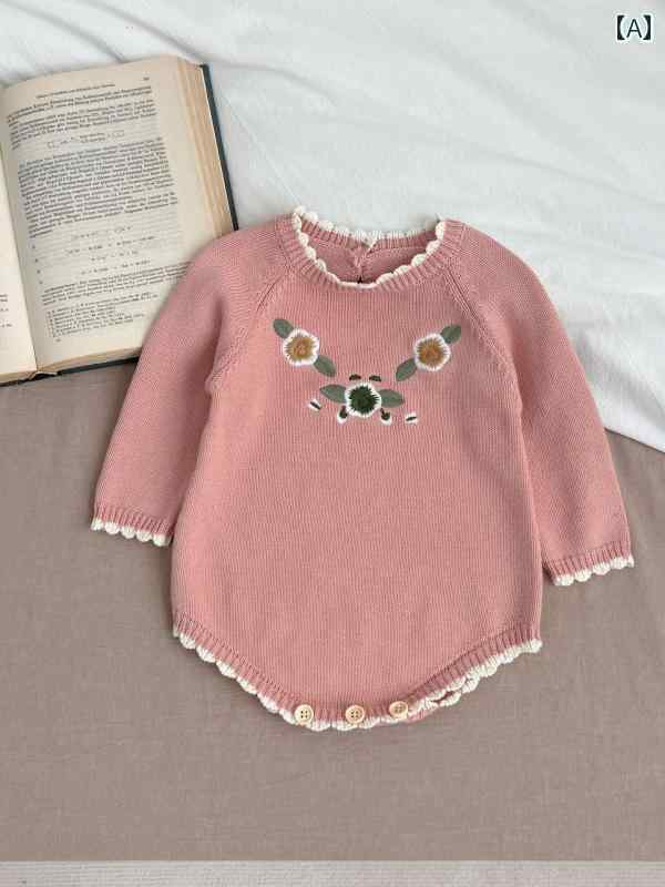 ベビー ニット 帽子 セーター 韓国 ベビー 服 秋 刺繍 花柄 ニット 長袖 ボディスーツ 女の子用 スイート セーター ロンパース