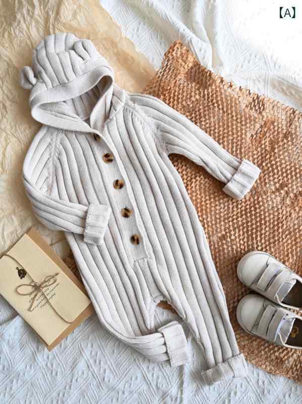 ベビー ニット 帽子 セーター 英国 風 ベビー ニット ワンジー 綿 A級 クマ 耳 セーター ロンパース 秋冬 韓国 お出かけ 服