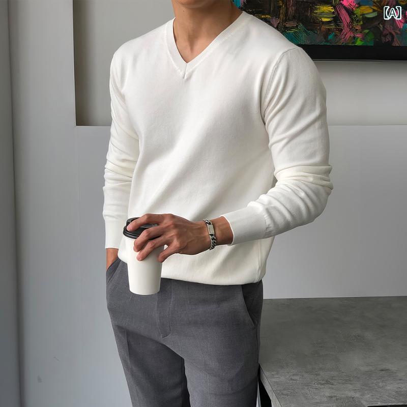 セーター メンズ Vネック 春秋 男性用 白い Vネック セーター ビジネス カジュアル な 長袖 プルオーバーシャツ