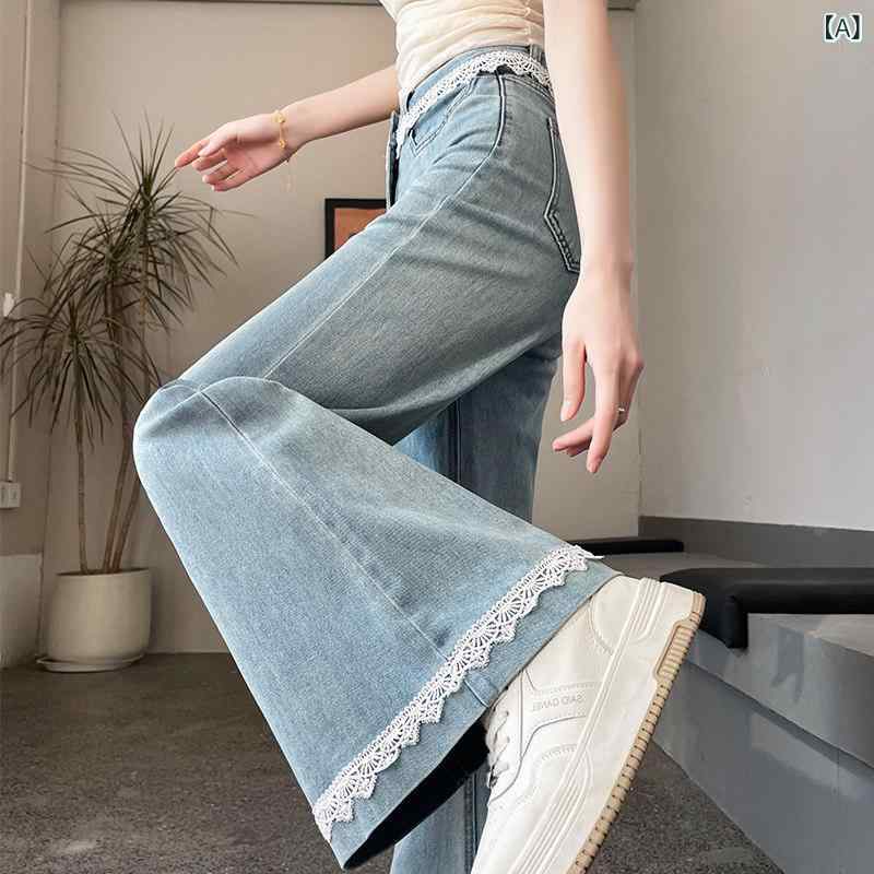 カジュアル フレア パンツ ライト ブルーの レトロ レース フレアジーンズ レディース 2025 春の ワイド レッグ パンツ