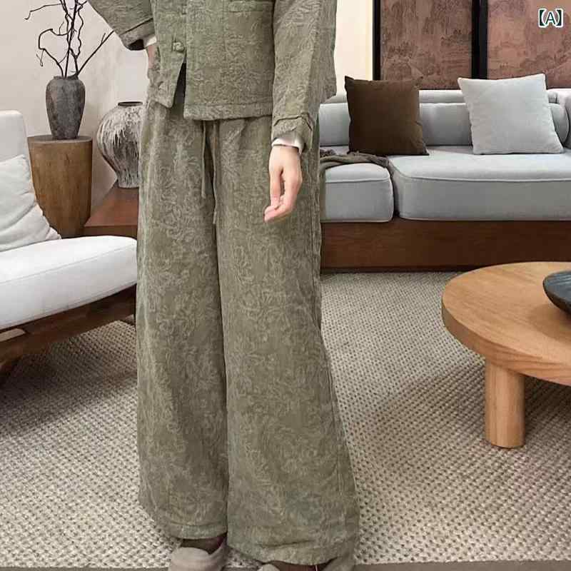 レディース 秋冬 リネン コットン 混紡 パンツ ゆったり ワイドレッグ 織り柄 グラデーション レトロ エスニック ゴムウエスト カジュアル 普段使い 通気性 軽量 伸縮性