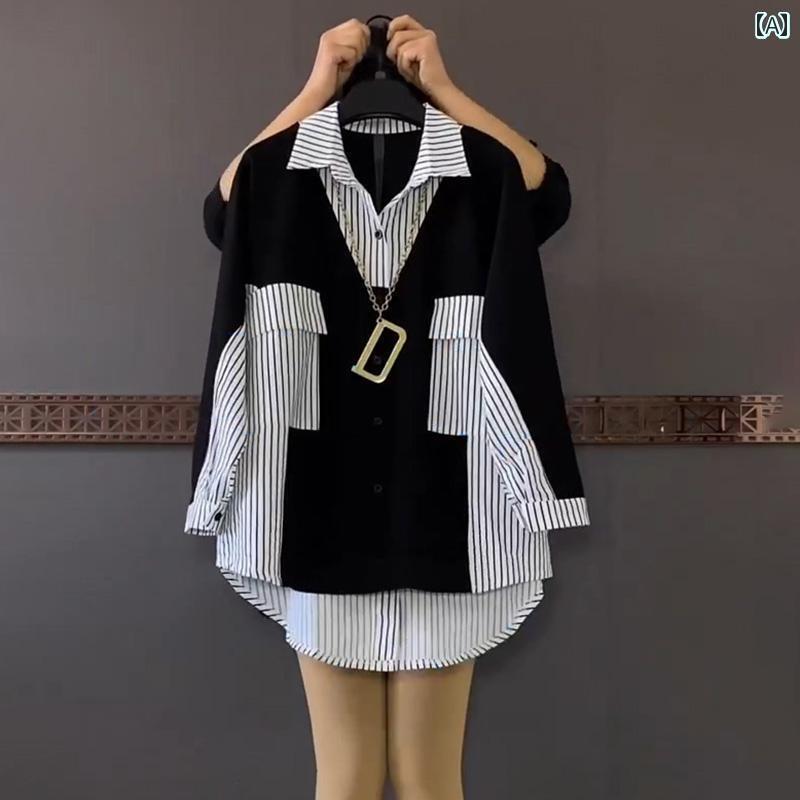 レディース コート ジャケット 大きいサイズ 商品 ストライプ ステッチ 長袖 シャツ 女性 太い mm中 長 ゆったり 体型カバー 春秋