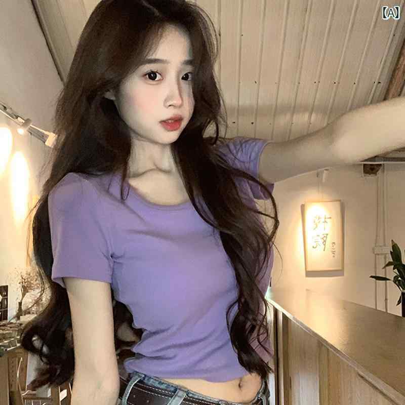 ベーシック トップス レディース パープル U ネック 半袖 Tシャツ 女性用 2025夏 フレンチ ハイエンド スリムフィット トップス 商品