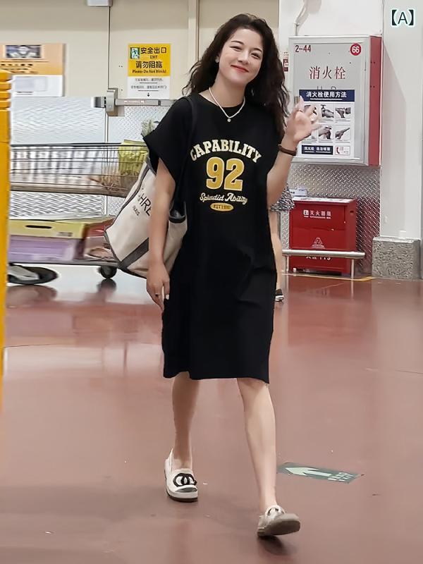 かわいい レディース ロンT ゆったり ストレート スリム Tシャツ ドレス 2025夏の レター プリント カジュアル エイジレス プチ
