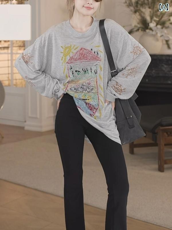 かわいい レディース ロンT 手 描きの グラフィティ プリントの 薄手 長袖 Tシャツ レディース 2025夏 ゆったり 万能 スリム ミドル 丈 トップス
