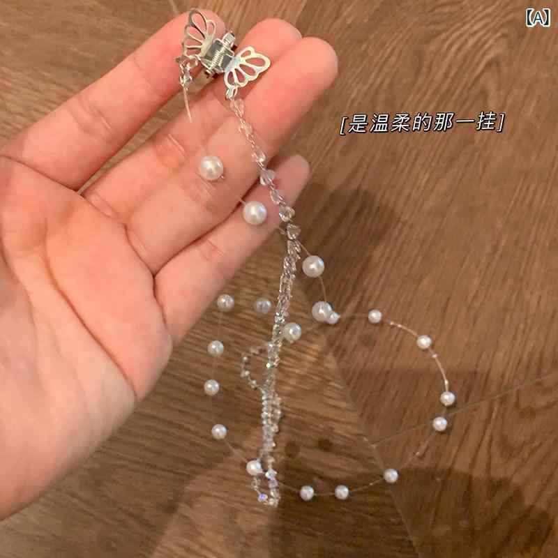 リボン　アクセサリー　かわいい ピーチティー パール 編み リボン 女性 ネット 高級 チェーン ヘア アクセサリー バンド