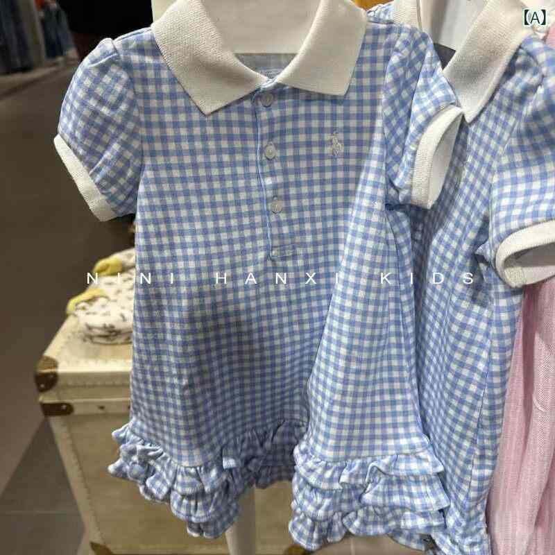 子供服　カジュアル　かわいい 韓国 子供服の 女の子 青い チェック 柄 レースの プリンセス ドレス 春夏 西洋風の な ポロ カラー 4,547円
