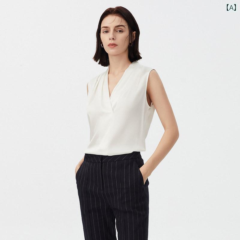 白シャツ　レディース　シンプル 【 Lanzi Basic Wardrobe】 シルク レディースシャツ 夏 Vネック ホワイト シャツ 軽やかな トップス