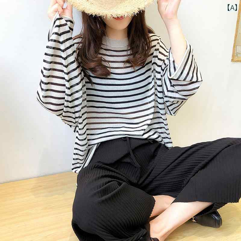 かわいい レディース ロンT 冷感の ストライプ 日焼け防止 服 夏用 薄手 韓国 透け 感 長袖 ブラウス トップス ゆったり ニット セーター Tシャツ