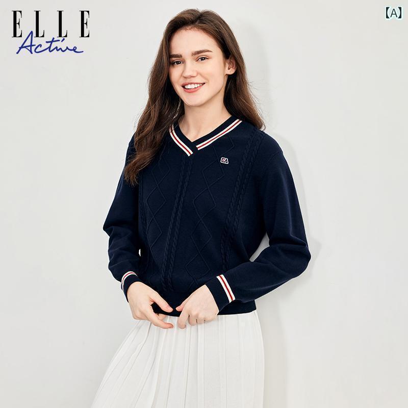 レディース ニット セーター ELLE アクティブ リラックス カジュアル カレッジ スタイル カラー ブロック Vネック ケーブル セーター 2024 秋 長袖 ニットカーディガン