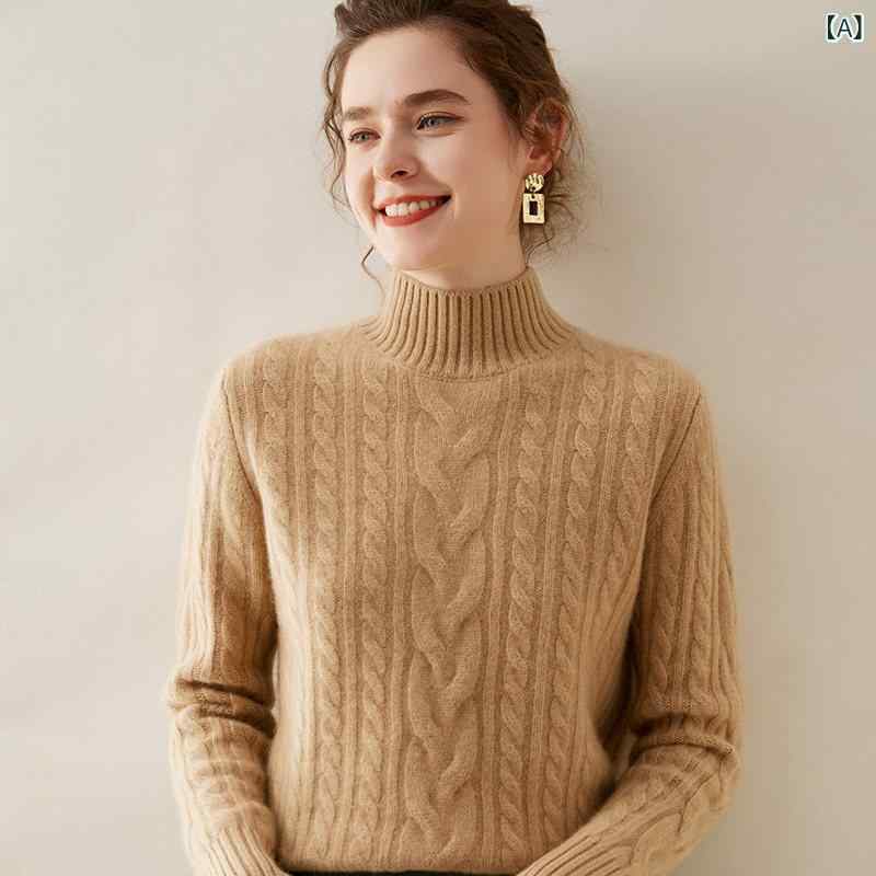 レディース ニット セーター ハイネックで暖かいリブ編みのなカシミヤセーター。女性らしいゆったりとしたで秋冬には最適。な編み物でワードローブに優れたベーシックアイテム。