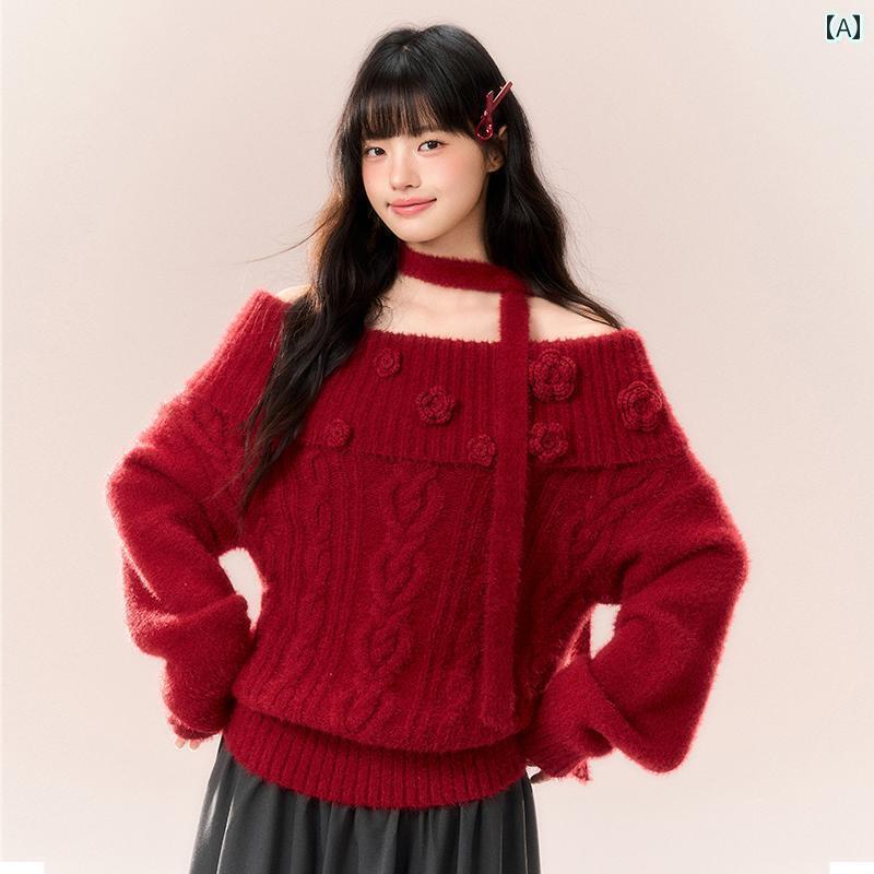 レディース ニット セーター 【新春】NTOT赤色ワンショルダーキルトセーター立体的な花の。花のディテールが素敵なオフショルダーのセーター。 9,220円