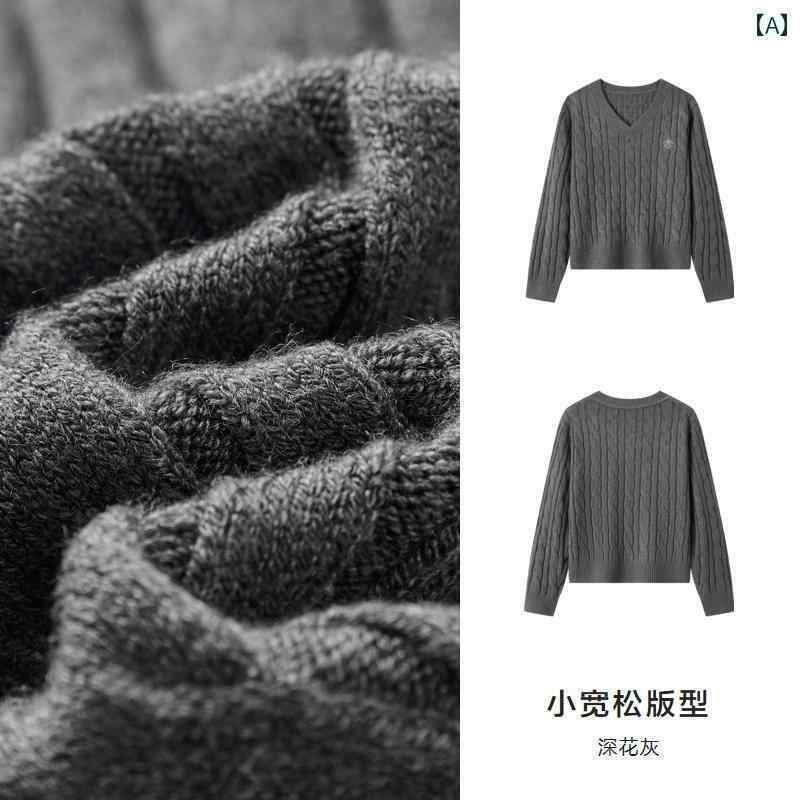 レディース ニット セーター 森の柔らかいセーター|森の馬の毛糸の女性用Vネック刺繍ニットセーターゆったりとした麻ひも模様の冬グレーのトップスレトロ。 6,016円