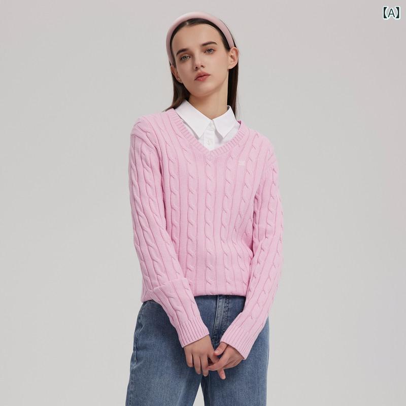 【100%綿】Eland衣恋Vネックセーター女性用ショート丈レトロ学院スタイルツイストフラワーニット。|サポートシェアグローバル