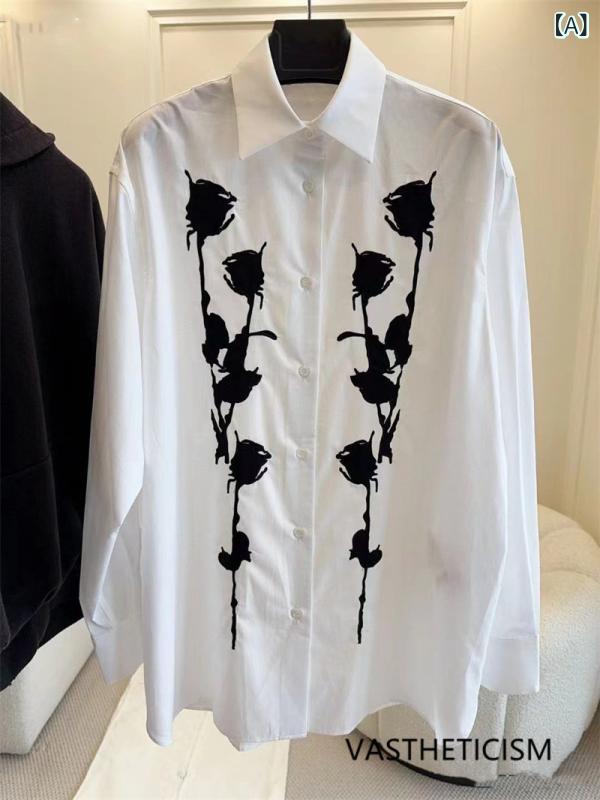 メンズ レディース 刺繍 VASTHETICISM ヘビー 刺繍 ローズ ホワイト 長袖 シャツ レディース 万能 クラシック カジュアル ｜サポートシェアグローバル
