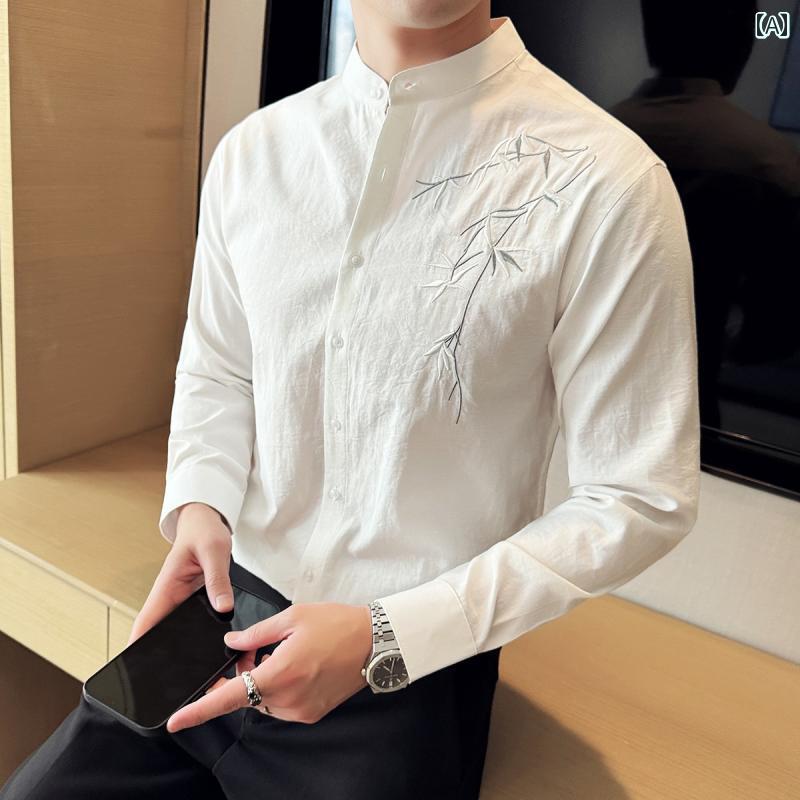 メンズ レディース 刺繍 2025年ののスタンドカラーの男性用ワンピースロングスリーブの中華風のエンボイダリーシャツ春と秋上品な魅力的な男性用シャツ。