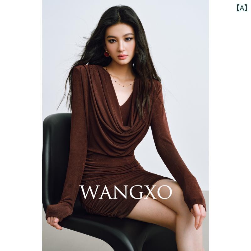 レディース ドレス おしゃれ WANGXO｜カンヌミューズ｜高さ弾性のある縞柄フリル｜魅惑的Vネックとフィットしたヒップ連身ドレス｜サポートシェアグローバル 9,413円