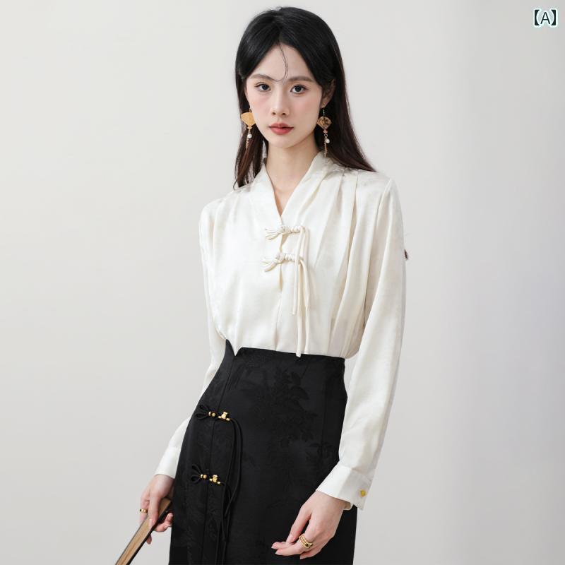 レディース 御召しもの 今めかしい ZOVOの中国風の成人女性用パンクックシャツは早春ので窈窕たるな佇まいを醸し出す光輝のある長袖のVネックトップスです。