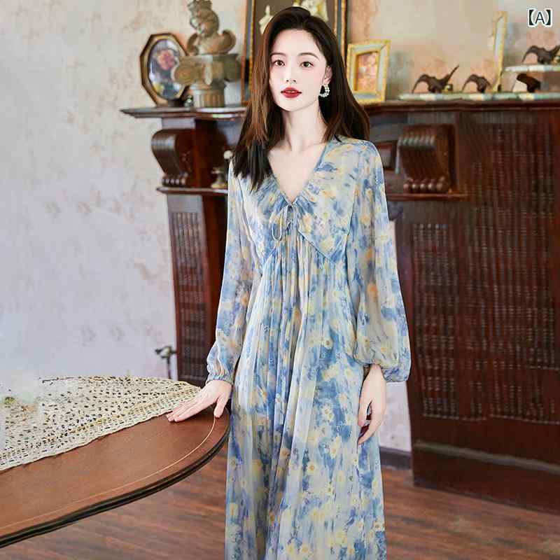 ワンピース ドレス レディース フランスの フェアリーの 花柄 ドレス 女性 レトロ ハイエンド スリム 長袖 スカート シフォン ロング スカート ビーチ スカート