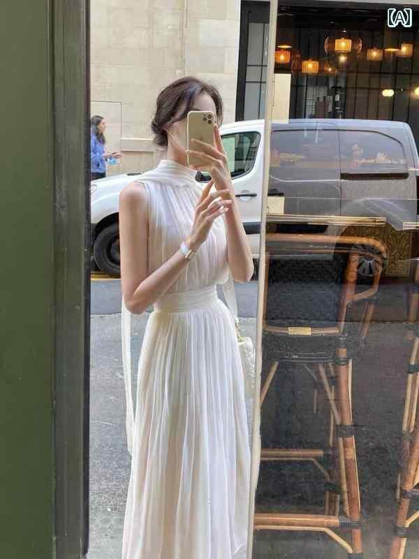 ワンピース ドレス レディース ギリシャの お姫様の 白い ドレス 2024 夏 な 優しい スタイル エジプトの フェアリー ノースリーブ ホルターネック リボン ロング スカート