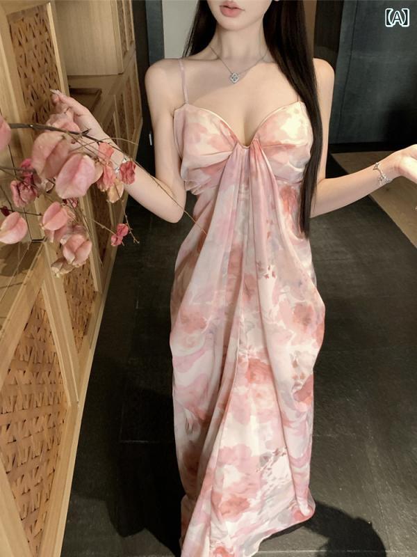 ワンピース ドレス レディース フレンチ 美しくて な 魅惑的 背中が 開いた シフォンの 花柄 サスペンダー ドレス レディース 夏の スーパー フェアリー 海辺の 休日の ロング ドレス