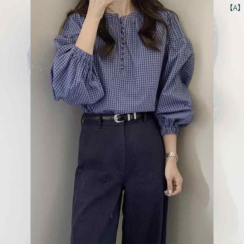 レディース チェック トップス 早春の 韓国 シック トップス 美しい小さい シャツ ブルー チェック 柄 長袖 2025 レディース 夏