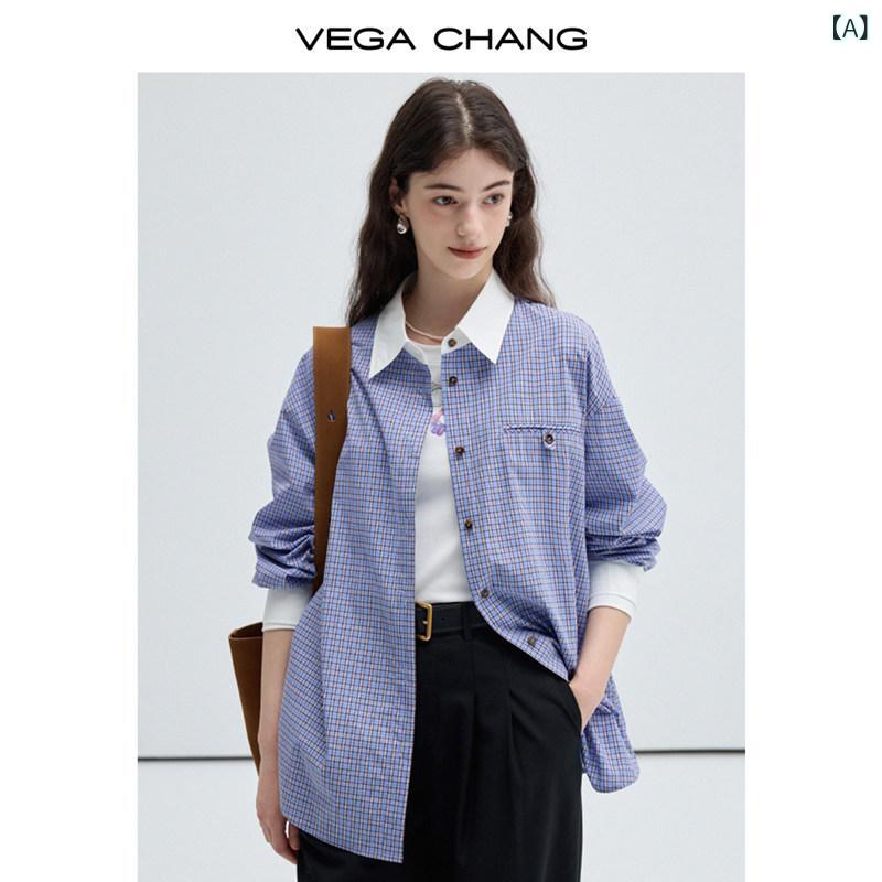 VEGA CHANGの2025春秋シーズングリッド柄の女性用シャツ。コントラストカラーの襟が特徴でフランス風のカジュアルロングスリーブトップスです。