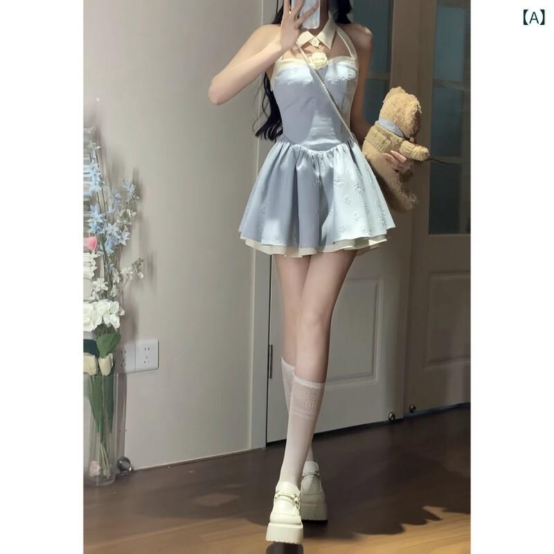 レディース トップス ホルターネック レディース トップス ホルターネック な ショート スカート 夏の ウエストを 細くする 背中が 開いた リボン ホット ガールの ホルターネック ノースリーブドレス