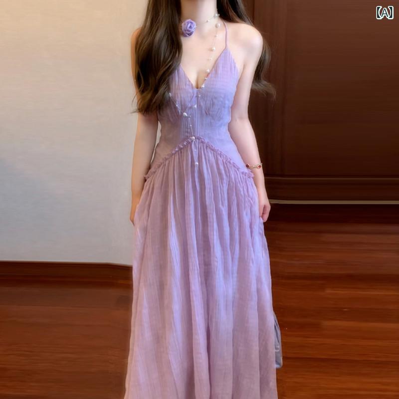 ホルターネック レディース トップス ホルターネック レディース トップス 美しい 夏の 海辺の 休暇の 背中が 開いた ウエスト ホルターネック サスペンダー ドレス ロング スカート 女性 2025