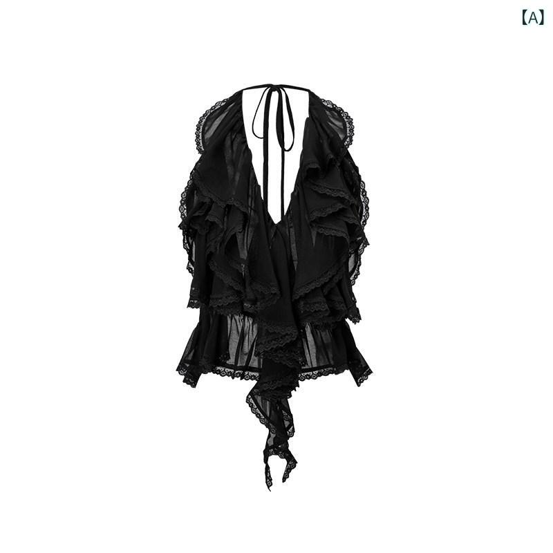 ホルターネック レディース トップス ホルターネック レディース トップス 1 JINN STUDIO 爽や かな 夏 メッシュ ホルターネック シワ フリル ベスト大きい 背中 開き レース トップ