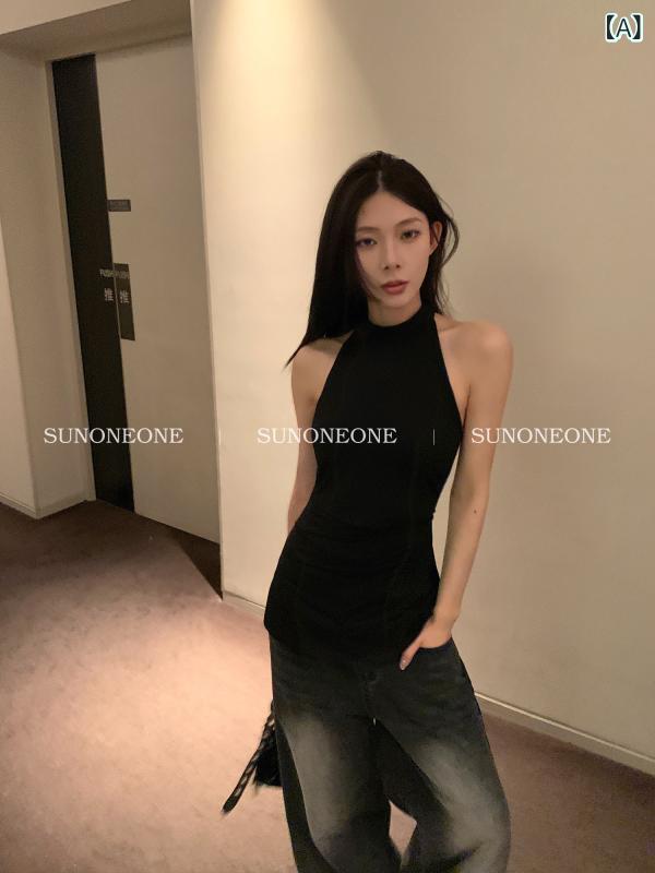 ホルターネック レディース トップス ホルターネック レディース トップス SUNONEONE ブラック アウターウェア ホルターネック キャミソール ベスト 女性 2025 夏 ホット ガール ノースリーブ バックレ ストップ