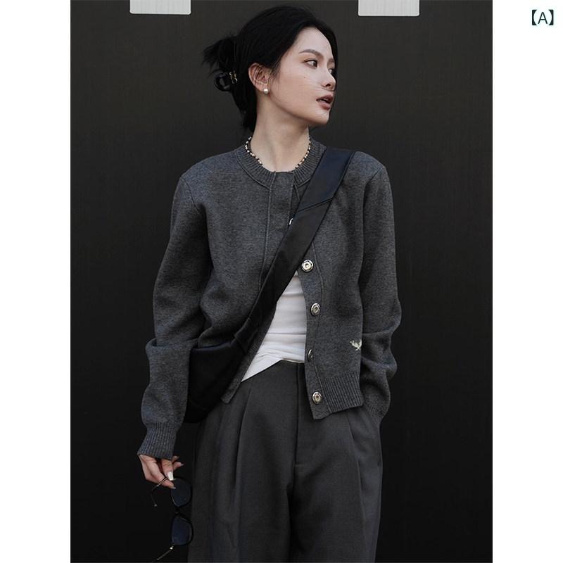 ニット レディース カーディガン ニット レディース カーディガン グレーの 衣装 女性用 ニットカーディガン ジャケット 春 秋 冬 フレンチ ラウンドネック ショート アウター カジュアル トップス