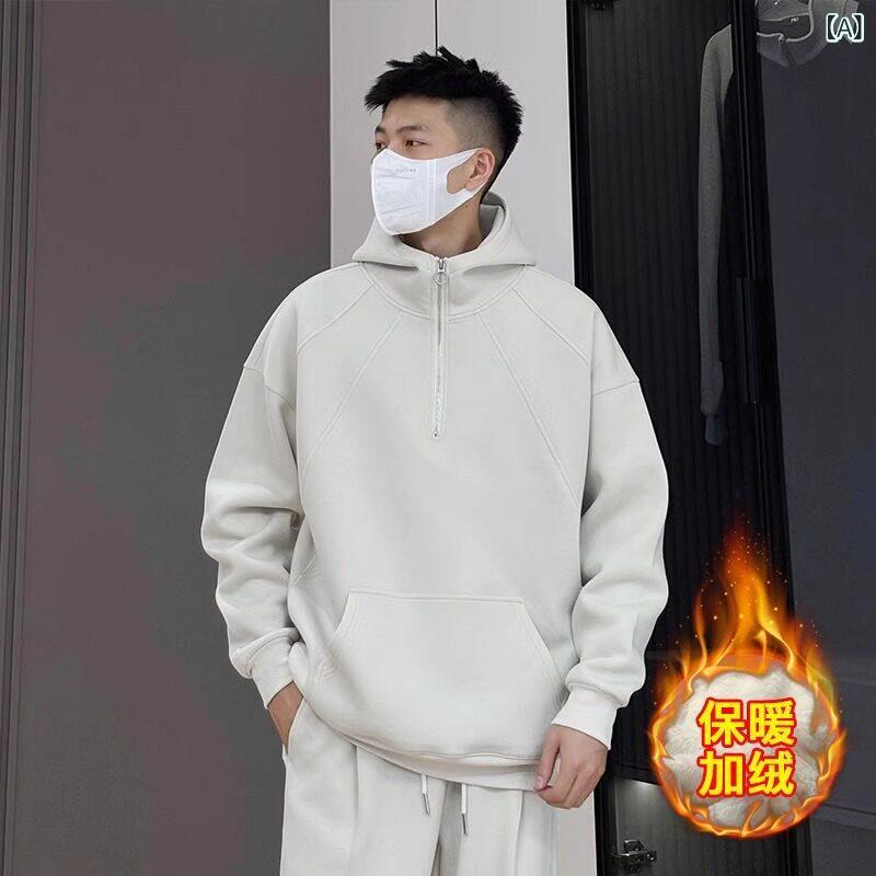ハイネック パーカー メンズ 韓国 Uamtor 秋冬 無地 ハーフ ジッパー フード付き スウェットシャツ メンズ 裏起毛 厚手 スーツ