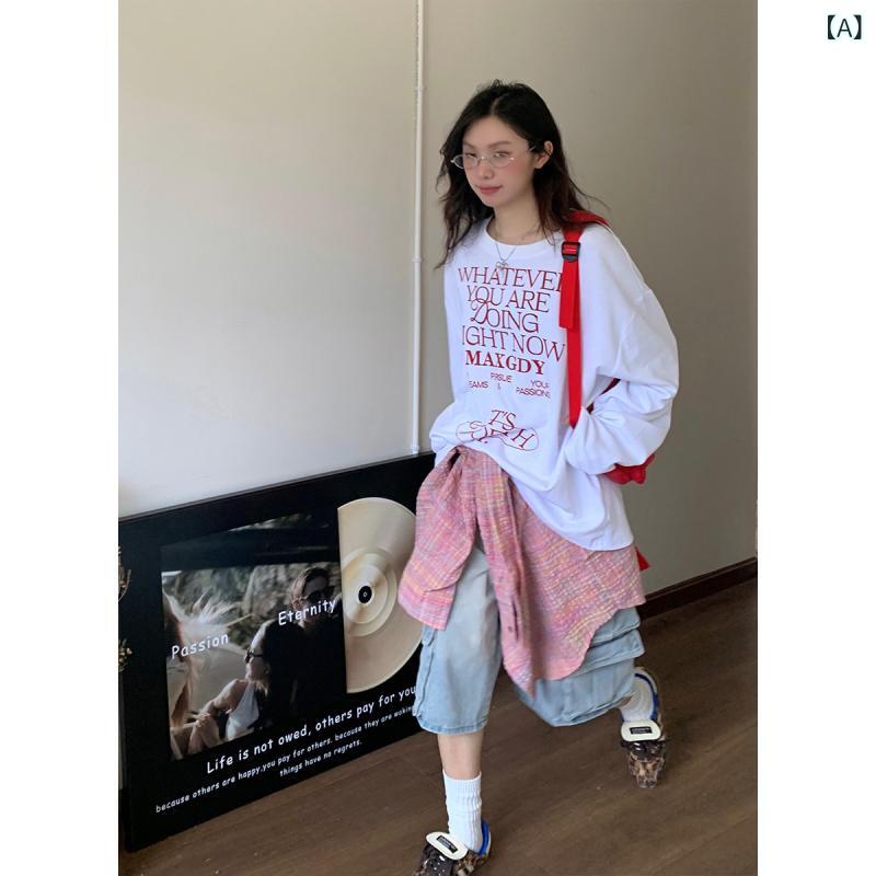 Tシャツ レディース Tシャツ レディース NIDEBLACK 韓国 ガール レター プリント 長袖 Tシャツ カジュアル ラウンドネック プルオーバー トップ