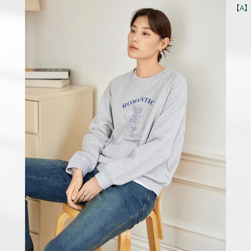 プルオーバー ゆったり 肌付き AN 大きめ 大きさ レディース 服  美術 線描 連 体  刷り上げる トレーナー 春 やや 太め 粍 心地好い か細い ラウンド素っ首 トップス