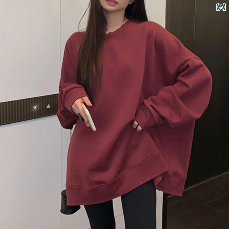 Tシャツ　ゆったり　インナー 300 Jin 大きいサイズ 厚手 コットン バーガンディ 春秋 セーター レディース 2024 新年 赤 ゆったり ラウンドネック トップス