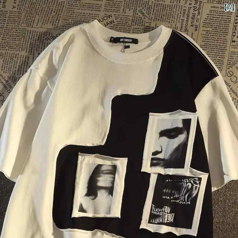 レディース　Tシャツ　半袖 特大 サイズ 300 ジン パッチ カラーマッチング ラウンドネック Tシャツ メンズ 夏 半袖 イン ハーフスリーブ トップ 2