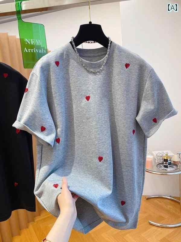 レディース Tシャツ 半袖 大きいサイズ 300 ジン ラブ 刺繍 ファッション 年齢を 減らす 半袖 Tシャツ 男女兼用 春先 韓国 ゆったり 起毛 インナー トップス