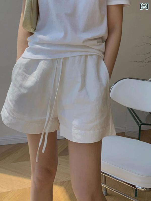 ショート　ハーフ　パンツ　 夏用の 女性用 ホワイト コットンと リネンの スポーツ ワイド レッグ ショーツ。 細い 伸縮性の ある ウエスト ドローストリング 小さい サイズ リネン aライン